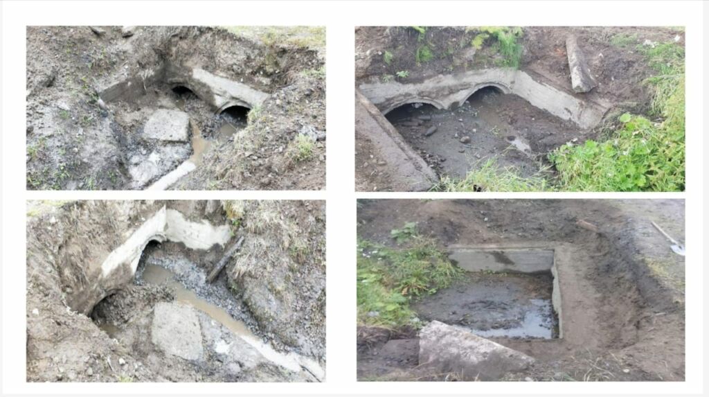 Очистка выхода трубы, мощение откосов плиткой