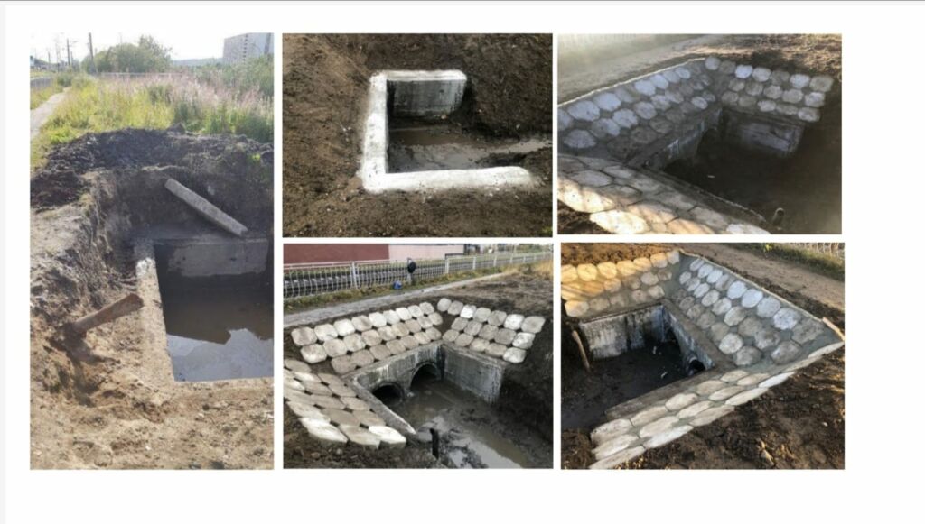 Очистка выхода трубы, мощение откосов плиткой